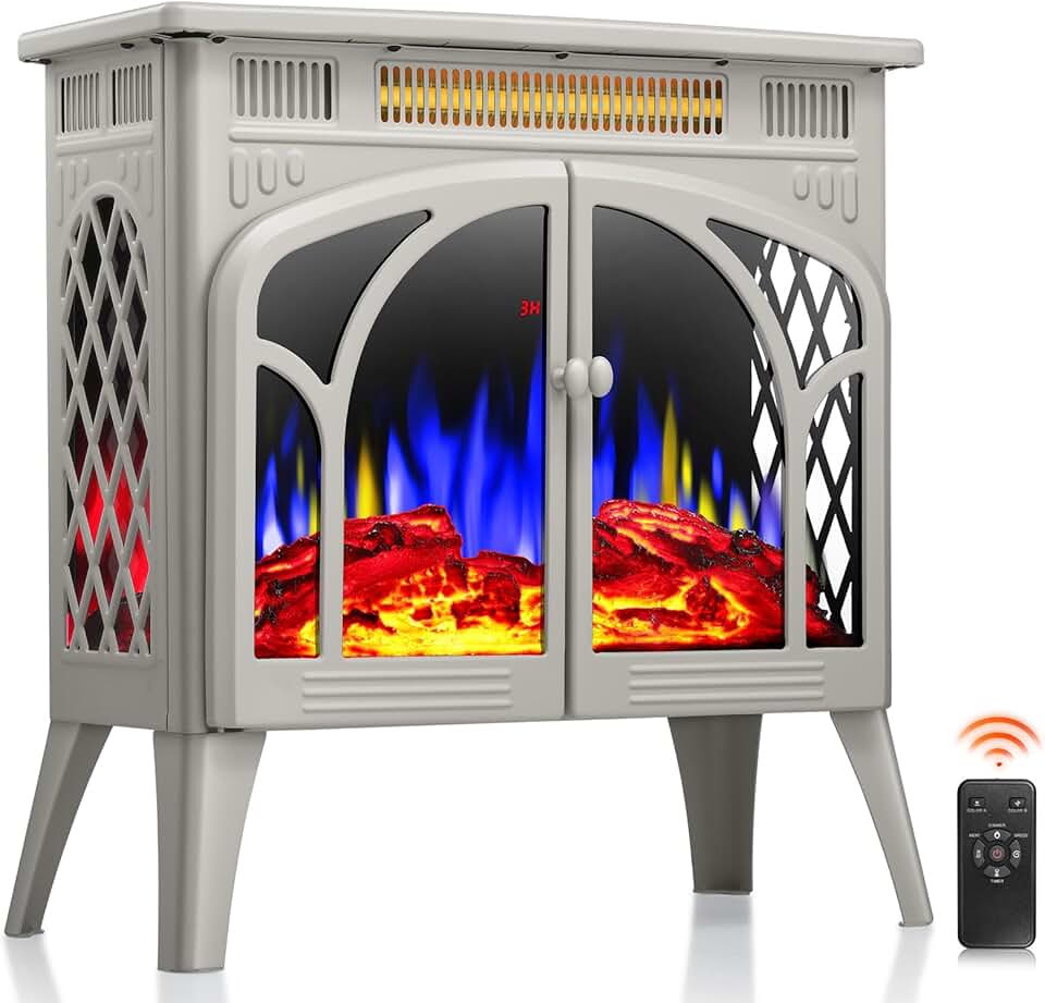 ZAFRO 24-inch Electric Fireplace Heater, 5100 BTU Freestanding Portable Electric Fireplace Stove with Remote Control & Timer, Adjustable Flame Color, 500W/1500W, Beige