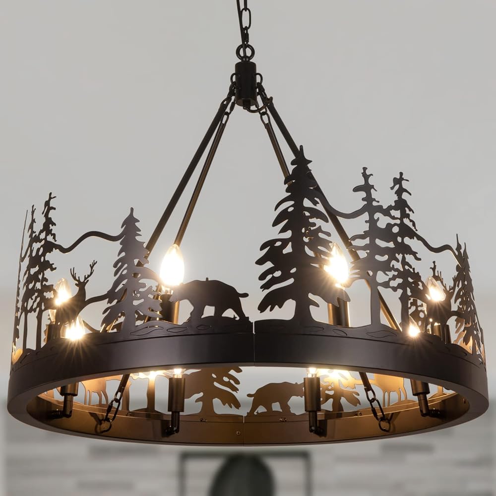 Wellmet Black Wagon Wheel Chandelier, Farmhouse Rustic Wagon Wheel Pendant Light for Dining Room, Forest Wagon Wheel Chandelier for Living Room, Bedroom, Entryway, Hallway, Cafe, Bar 30''W