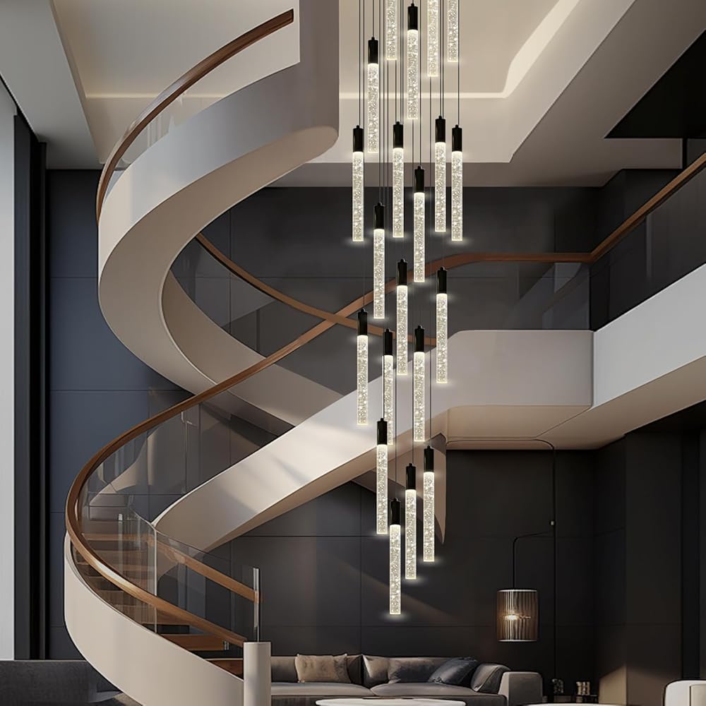 20-Light Modern LED High Ceiling Chandelier, Bubble Crystal Bar Staircase Chandelier, Large Black Height Adjustable Dimmable Light Fixtures, Pendant Lights for Living Room Entryway Foyer Stairwell