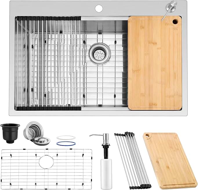 33x22Inch Drop In Kitchen Sink, Herogo Stainless Steel Single Bowl Kitchen Workstaion Sink Basin, Handmade 10'' Deep Kitchen Sink with Accessories