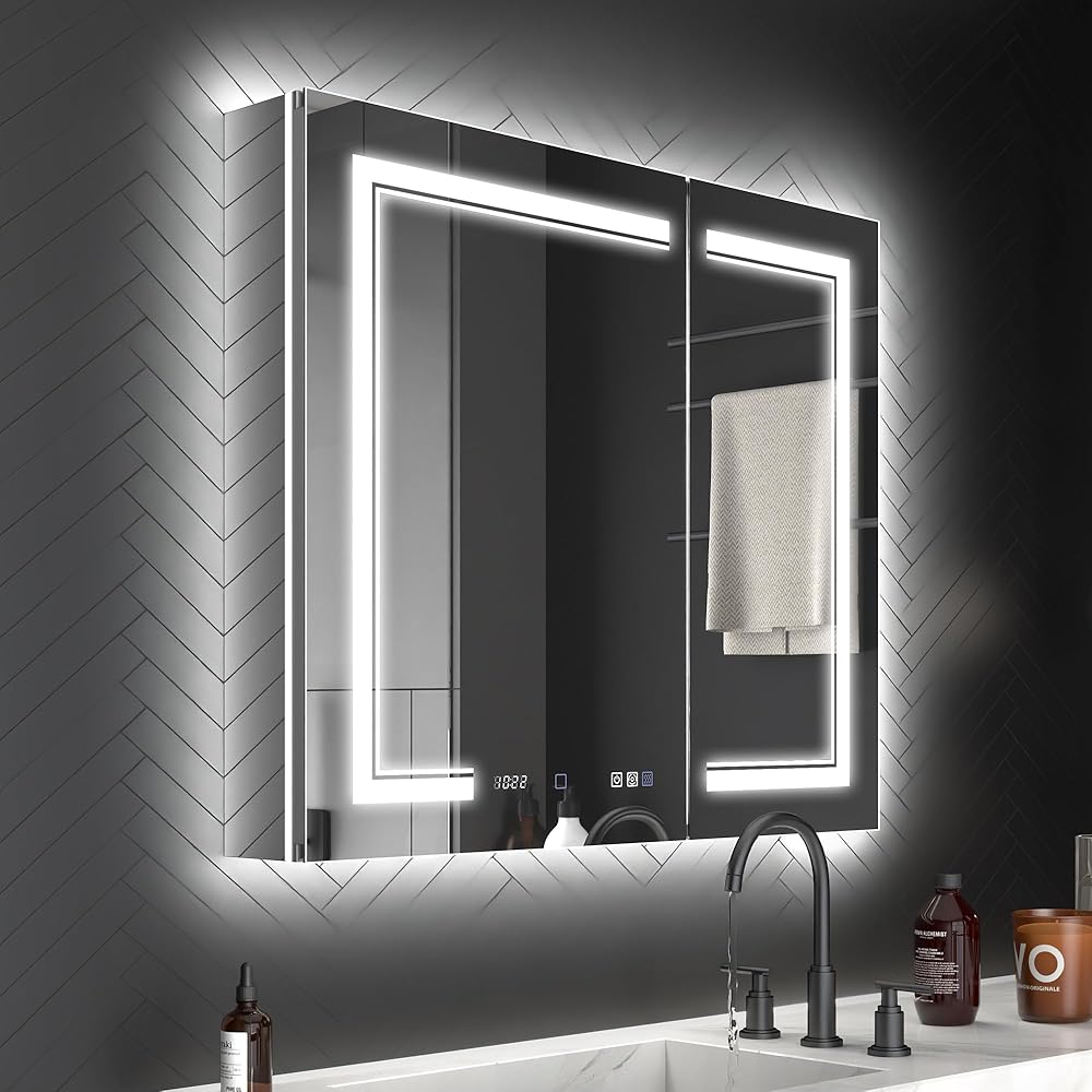 ExBrite 36 x 32 Lighted Medicine Cabinet with Mirror, Front&Backlit led Medicine Cabinet,Clock Temp Display,Defog,10x Magnifier,3 Colors Temper Dimmable,Surface or Recessed Mount,Door Wide Open
