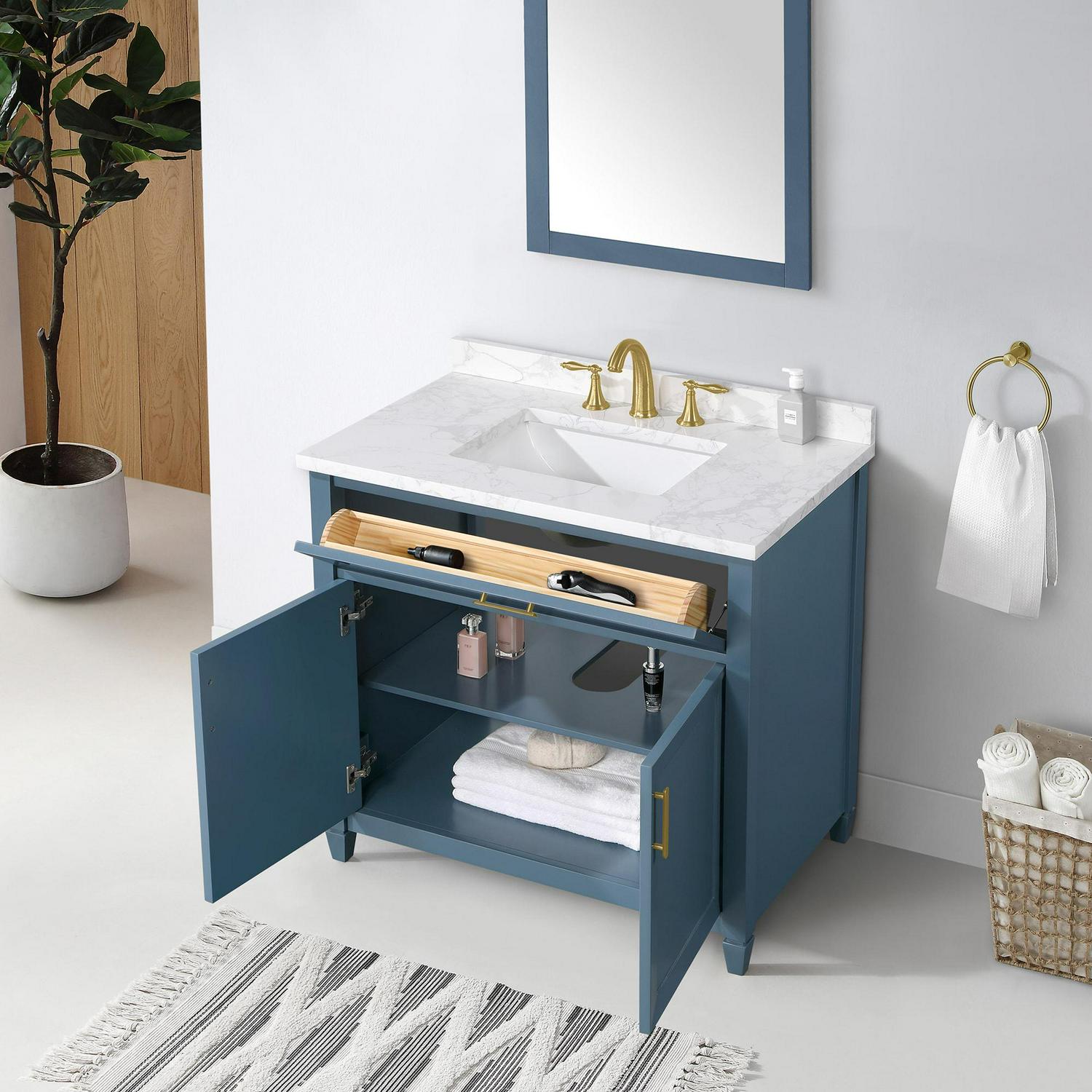 allen + roth Lancashire 36-in Chambray Blue Undermount Single Sink Bathroom Vanity with White Engineered Stone Top