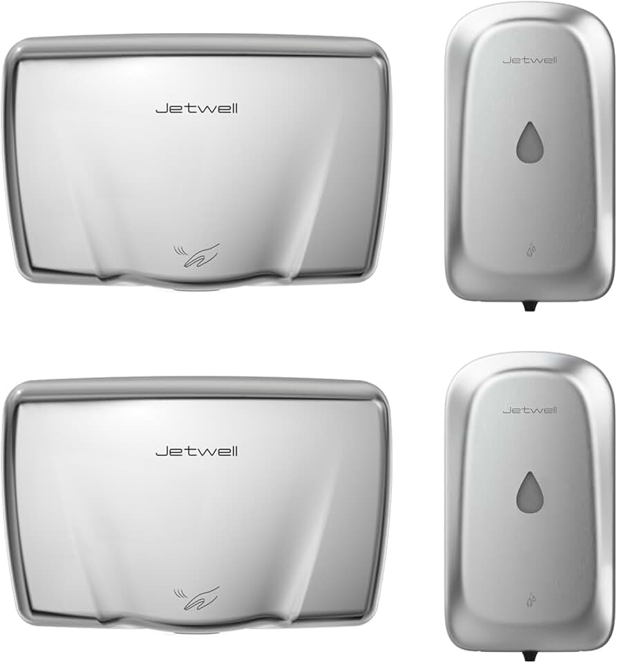 JETWELL 2Pack Compact Commercial Hand Dryer for Bathroom and Wall Mount Automatic Touch-Less Hand Soap Dispenser- Stainless Steel Automatic Hand Dryer and Stainless Steel Wall Mount Soap Dispenser