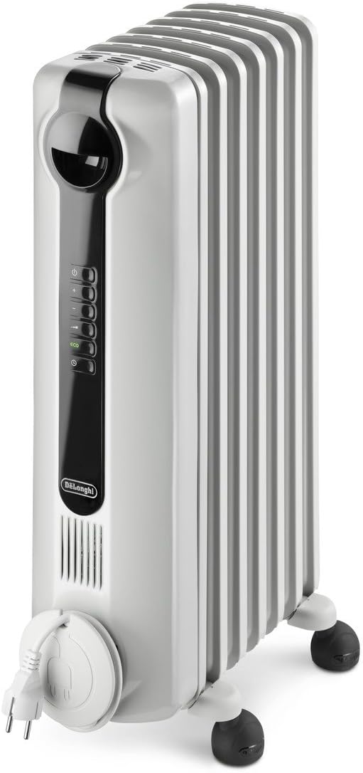 DeLonghi Radia S Oil-Filled Radiator Space Heater, Full Room Quiet 1500W, Adjustable Thermostat, 3 Heat Settings, Digital Timer, ECO Energy Saving Mode, Safety Features, Light Gray, TRRS0715E