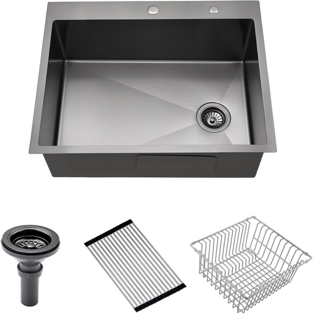 28 Drop in Kitchen Sink Stainless Stee with side drain, Scamall 28 X 22 X 10 Inches 16 Gauge Nano Black Stainless Steel Single Bowl Topmount Kitchen Sink With Accessories SM011SBG