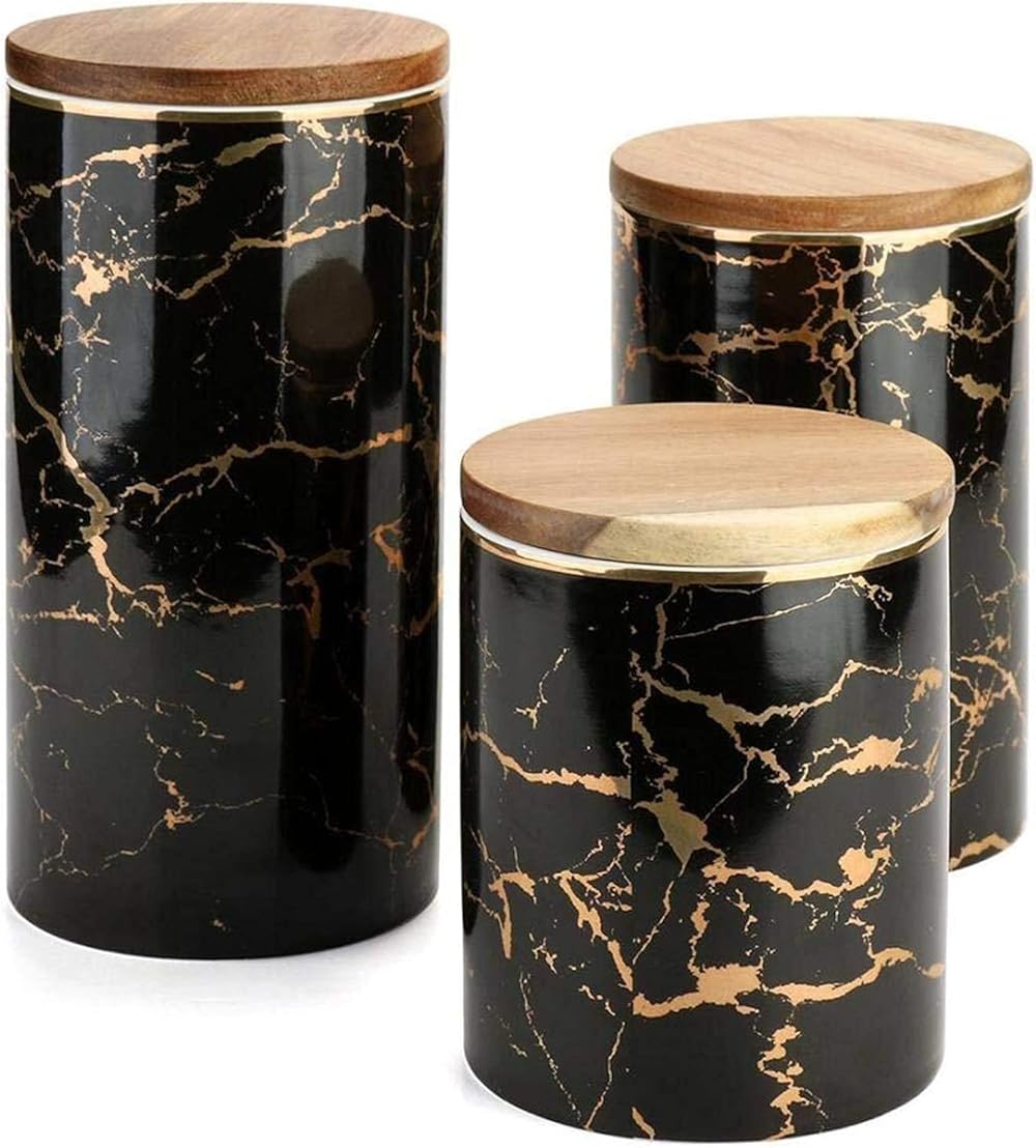 Ceramic Coffee Canister Airtight Marble Pattern with Sealed Bamboo Lid Kitchen Food Storage Jar Container for Serving Sugar, Coffee, Spice 98X205MM 1080ML (Color : 3 pcs/lot)