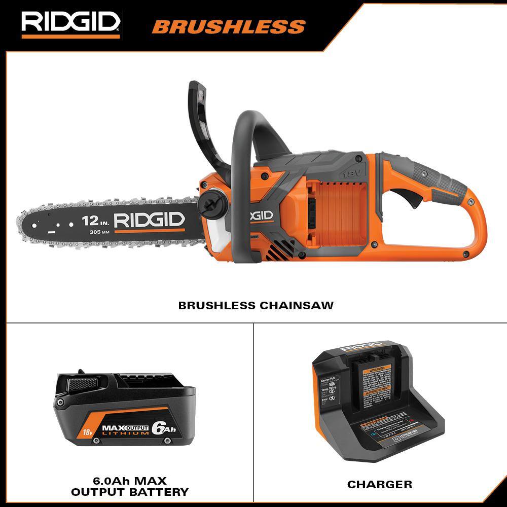 RIDGID R01101K 18V Brushless 12 in. Electric Chainsaw Kit   6.0 Ah MAX Battery, Charger Included