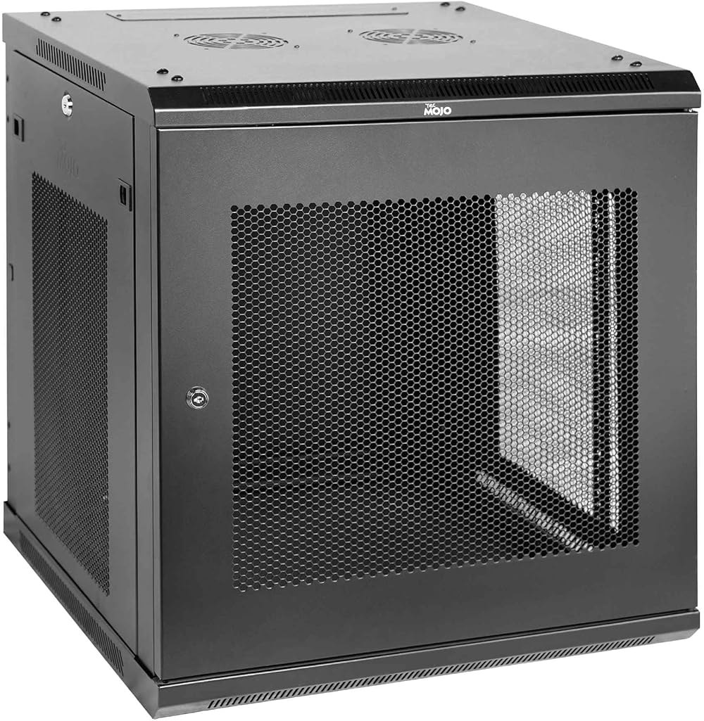 Elite Collection 12U Wall Mount Server Cabinet IT Network Rack Enclosure Lockable Mesh Door and side panels, 19inch Deep, Black to store computer, pdu, media, switch
