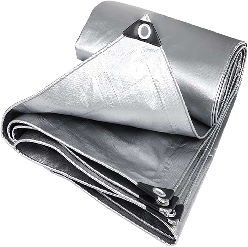Heavy Duty Tarp Cover Silver 4x8m, Waterproof Poly Tarpaulin with Reinforced Edges, Rip and Tear Proof Tarpaulin with Grommets, Dustproof Rainproof Camping Tarp