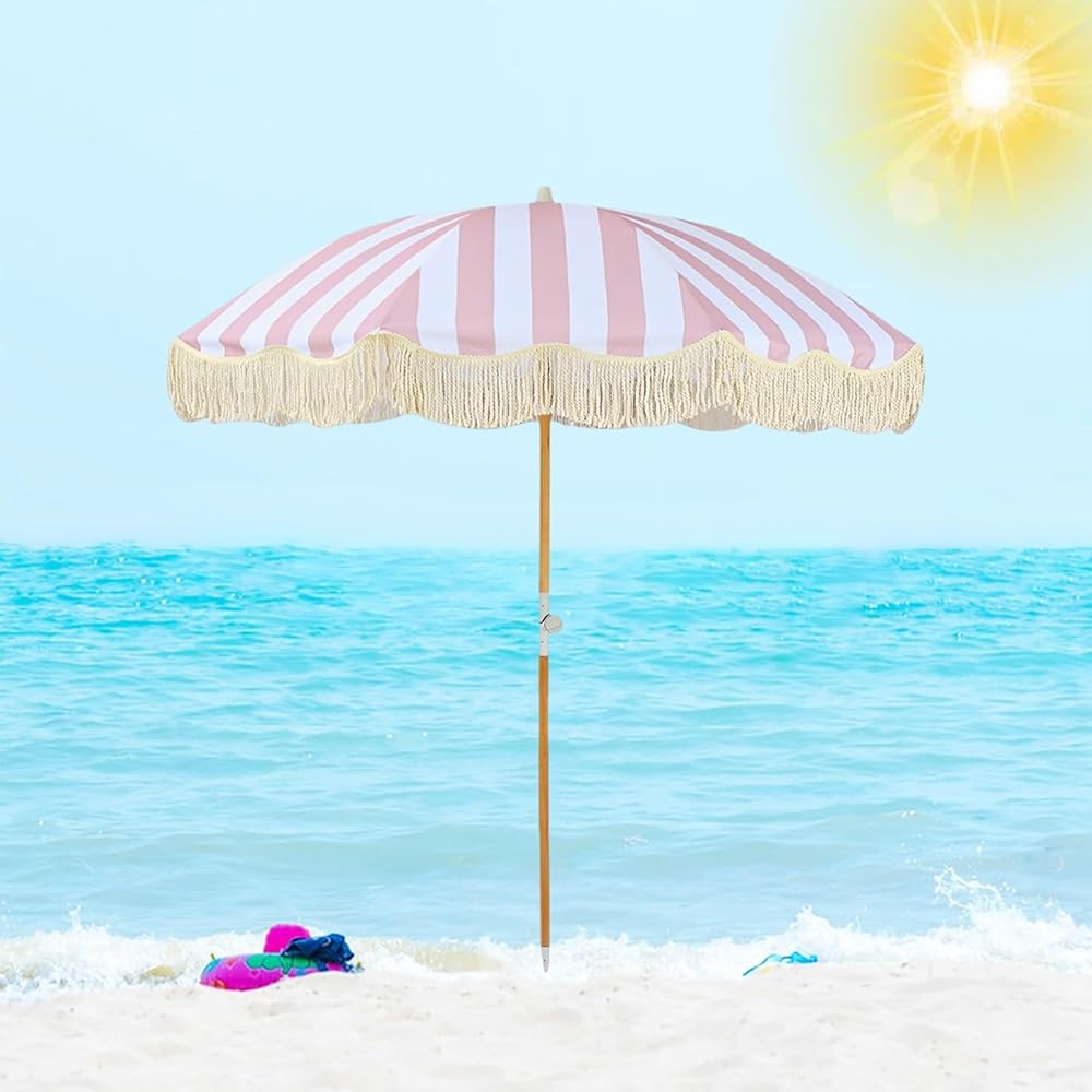 Pink Fringe Outdoor Umbrella Waterproof 6ft Boho Umbrella Outdoor Patio With Tilt Striped Boho Beach Umbrella UV Protection Patio Umbrella 8 Ribs For Sand Garden Deck Pool/With Carry Bag
