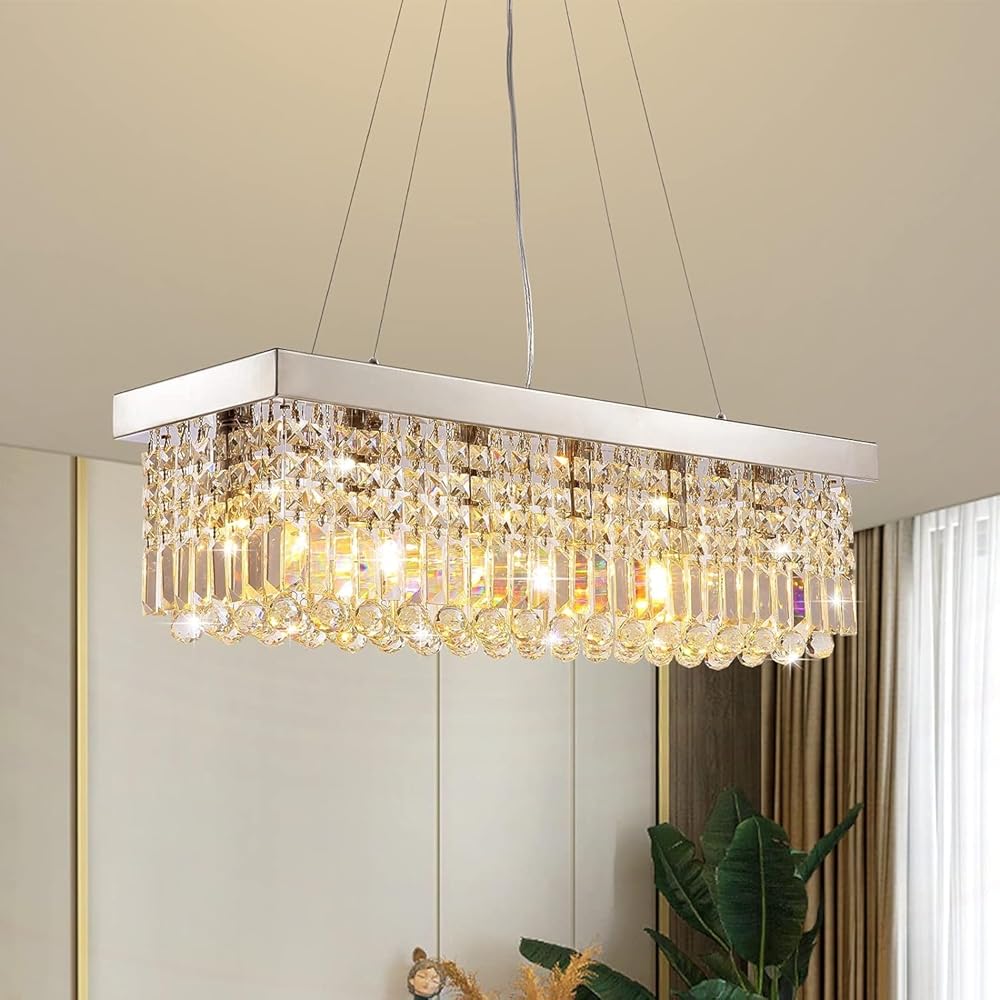 Rectangle K9 Crystal Chandelier Modern Rectangular Pendant Light Fixture for Dining Room Kitchen Island Chrome L31.5 x W10 x H10