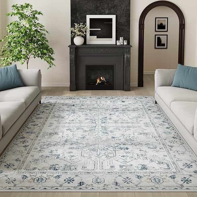 jinchan Living Room Area Rug 10x12 - Low Pile Washable Rug Stain Resistant Vintage Boho Large Rug Ultra-Thin Non Slip Carpet Floral Print Distressed Indoor Rug for Bedroom Dining Room Farmhouse Blue