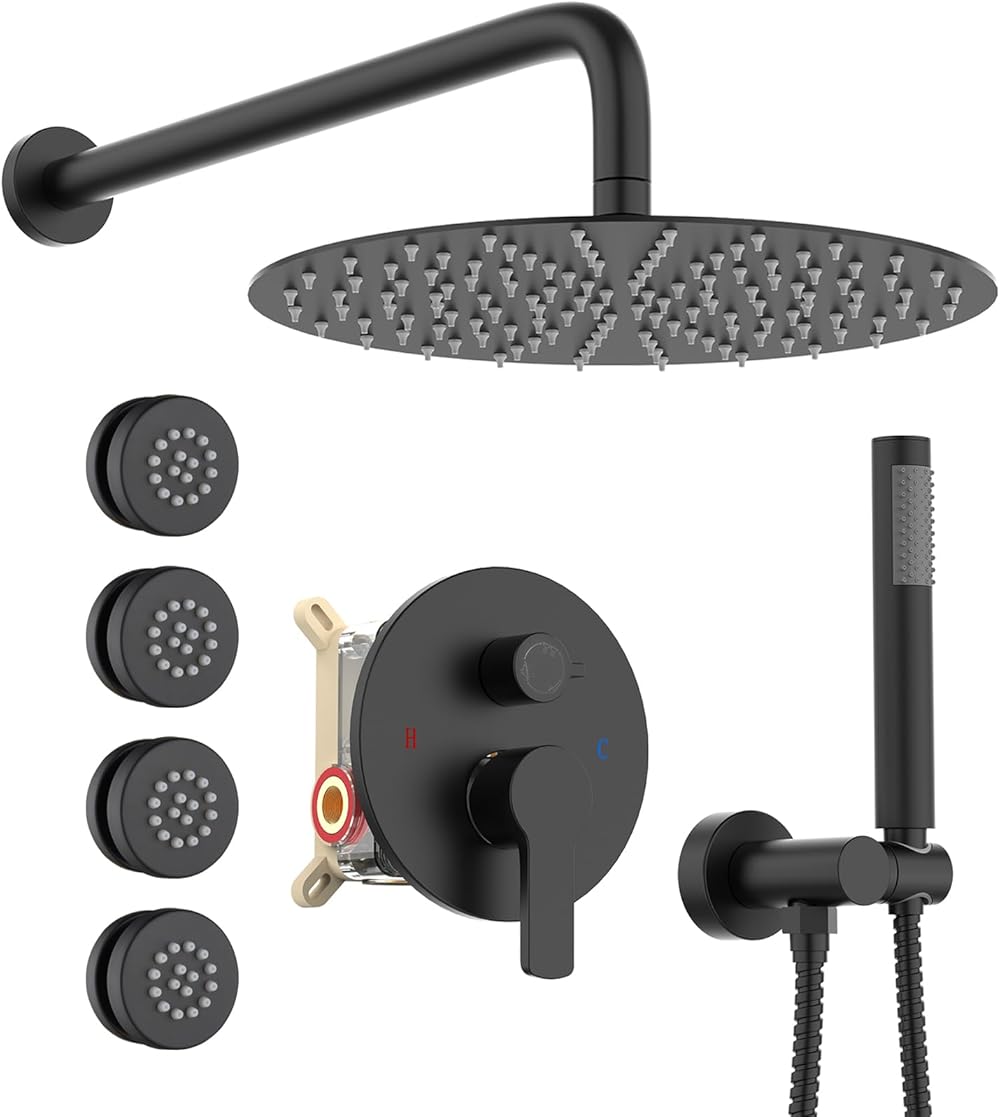 Rain Shower System with 4 Body Jets, 12 Inch Powerful Full Body Shower System with Rainfall Shower and Handheld Spray, Rough-in Mixer Valve Concealed Shower Faucet Set Complete, Matte Black…
