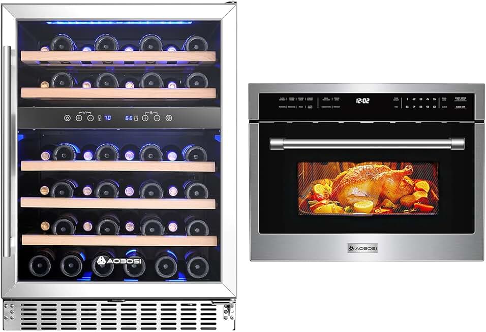 AAOBOSI 24 Inch Microwave Convection Oven,1.6 Cu.Ft 10 Cooking Modes Microwave Drawer Oven, 24 Inch Wine Fridge, 46 Bottles Wine Cooler with Dual Zone, Freestanding and Built-in Wine Refrigerator