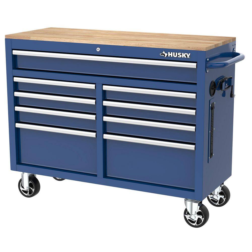Husky H46X18MWC9BLU 46 in. W x 18 in. D 9-Drawer Gloss Blue Mobile Workbench Cabinet with Solid Wood Top