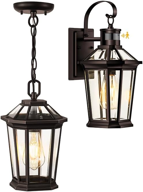 Bronze Motion Sensor Outdoor Light, Dusk to Dawn Outdoor Lighting Wall Mount, Aluminum Outdoor Ceiling Lights for Porch, Hanging Outdoor Lights with Waterproof