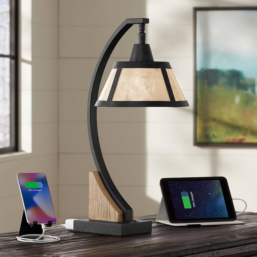 Franklin Iron Works Oak River Rustic Farmhouse Desk Table Lamp with USB and AC Power Outlet in Base 22