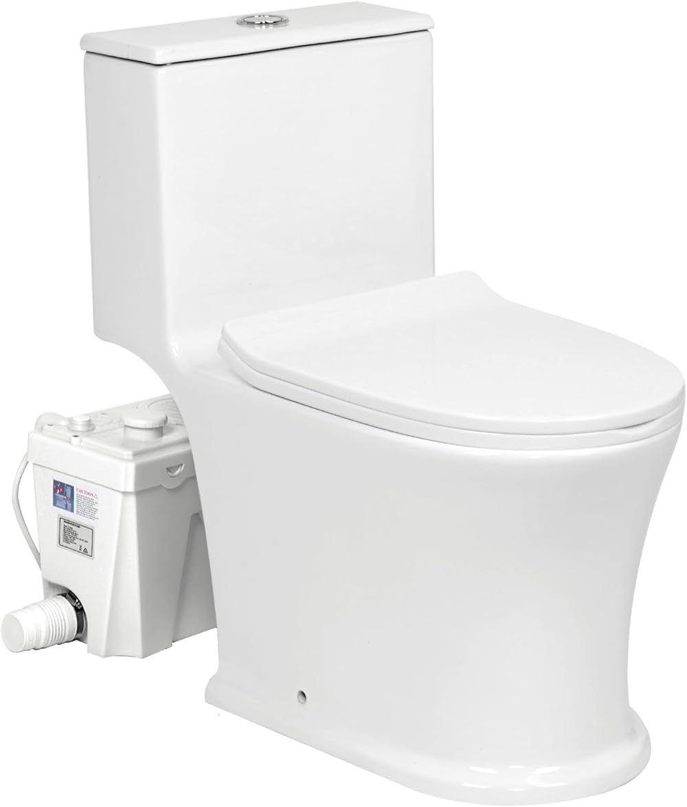 Upflush Macerating Toilet System Kit, Power Dual Flush 0.8/1.28 GPF Elongated One Piece Toilet W/500Watt Macerator Pump for Basement, 4 Inlets, Chair Seat Standard Height, Nano Glaze