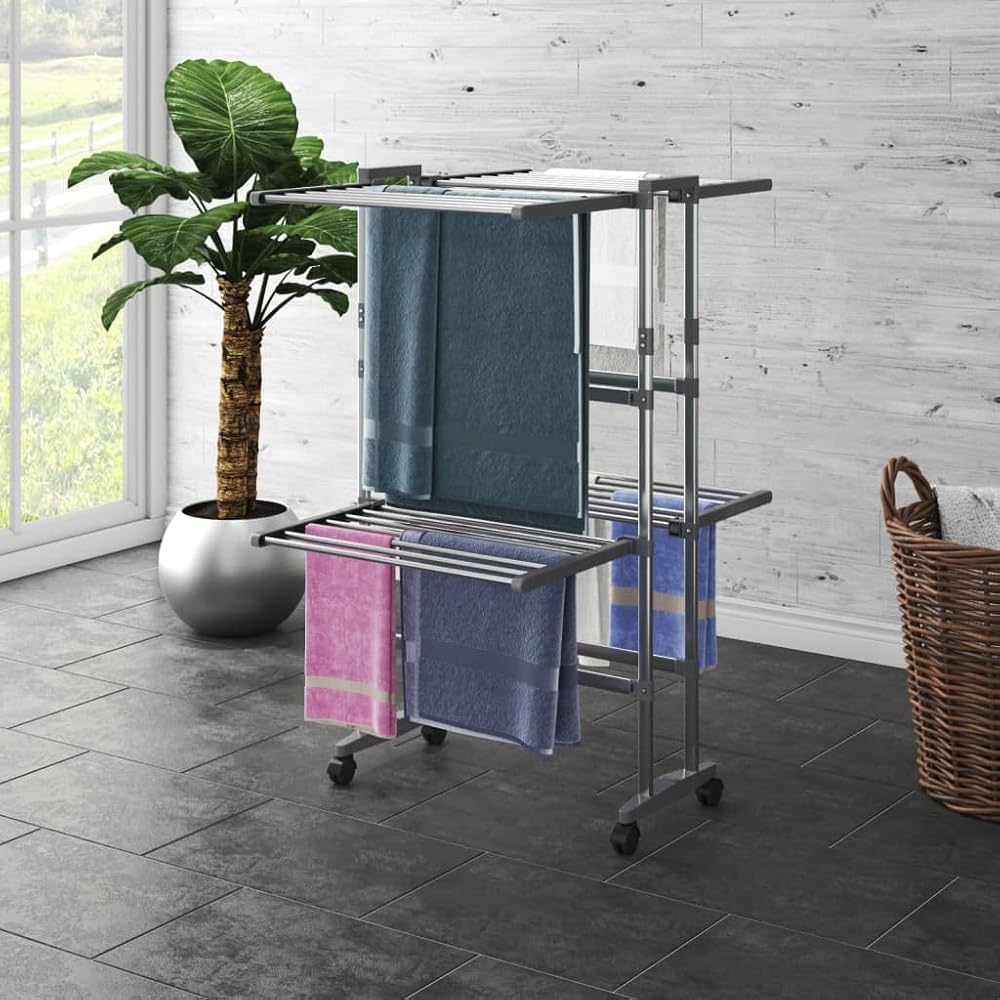 vidaXL 2-Tier Laundry Drying Rack with Wheels - Aluminum Clothes Drying Stand - Foldable Design for Space Saving - Silver, 23.6