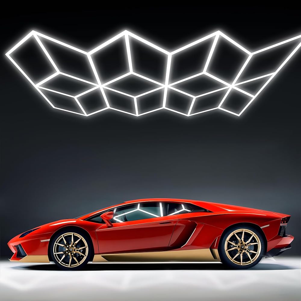 Car Detailing Hexagon Garage Light, 6500K 42570LM LED Ceiling Lights Heaxgon Lighting System with Extended Copper Needle, 15.99 × 7.96ft