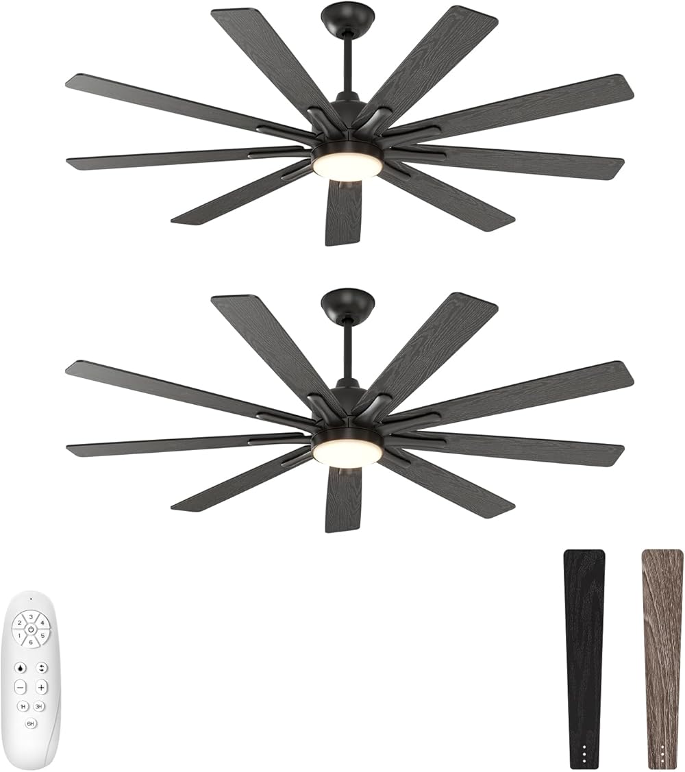 warmiplanet Ceiling Fan with Lights Remote Control (2 pack), 62-Inch, Silent DC Motor, 6 Speed, Dimmable LED Light, Black(9-Blades)