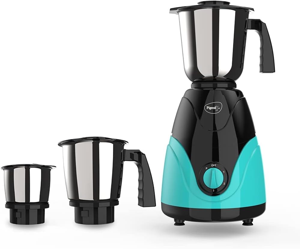 Pigeon Zest Mixer Grinder 3 Speed Control 750 Watt Powerful Copper Motor with 3 Stainless Steel Jars for Dry Grinding, Wet Grinding and Making Chutney and 3 Polycarbonate lids - Blue