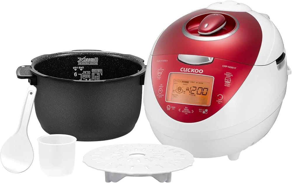 CUCKOO CRP-N0681FV | 6-Cup (Uncooked) Pressure Rice Cooker | 16 Menu Options: Sushi Rice, Nu Rung Ji, Brown Rice, & More, Made in Korea | White/Red