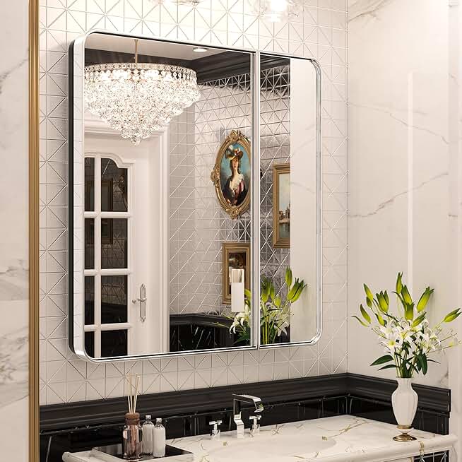 Keonjinn 30 x 32 Inch Chrome Medicine Cabinets for Bathroom with Mirror Adjustable Shelves Stainless Steel Framed Double Doors Modern Metal Recessed Silver Bathroom Mirrored Cabinets