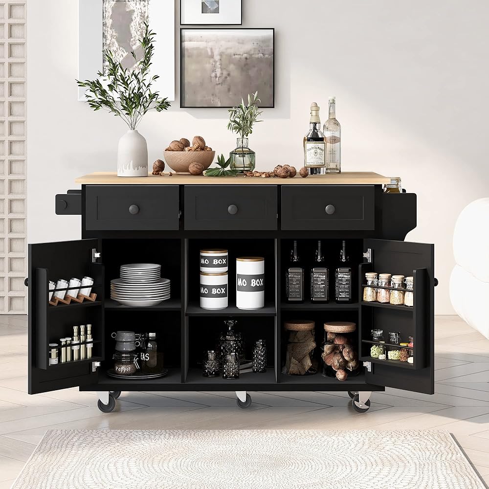 Kitchen Cart with Rubber Wood Drop-Leaf Countertop, Cabinet Door Internal Storage Racks, Kitchen Island on 5 Wheels with Storage Cabinet and 3 Drawers for Dinning Room, Black
