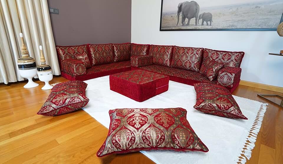 L Shaped Royal Red Bench Cushion, Moroccan Sofa Set, Turkish Floor Sofa, Diwan Sofa, Floor Pillow, Arabic Sofa, Corner Sofa Set (4'' Thickness Sofa, L Sofa + Ottoman + Pillows)