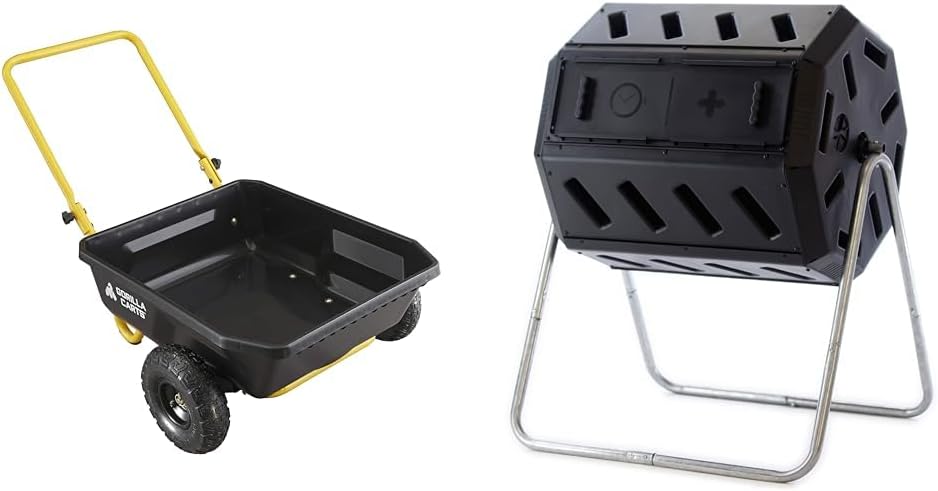 Gorilla Carts 4 cu ft Poly Yard Cart, 300 lb Capacity with FCMP Outdoor 37 Gallon Dual Chamber Tumbling Composter for Garden