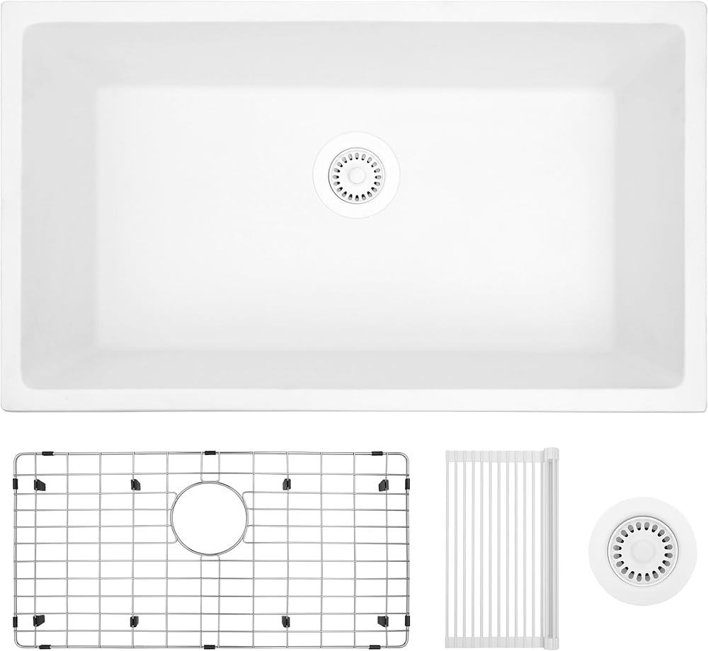 White Undermount Kitchen Sink, 31 Inch White Kitchen Sink, 31×18 Single Bowl Kitchen Sinks White, Large Deep White Undermount Sink, Granite Composite Kitchen Sink,White Sink Kitchen