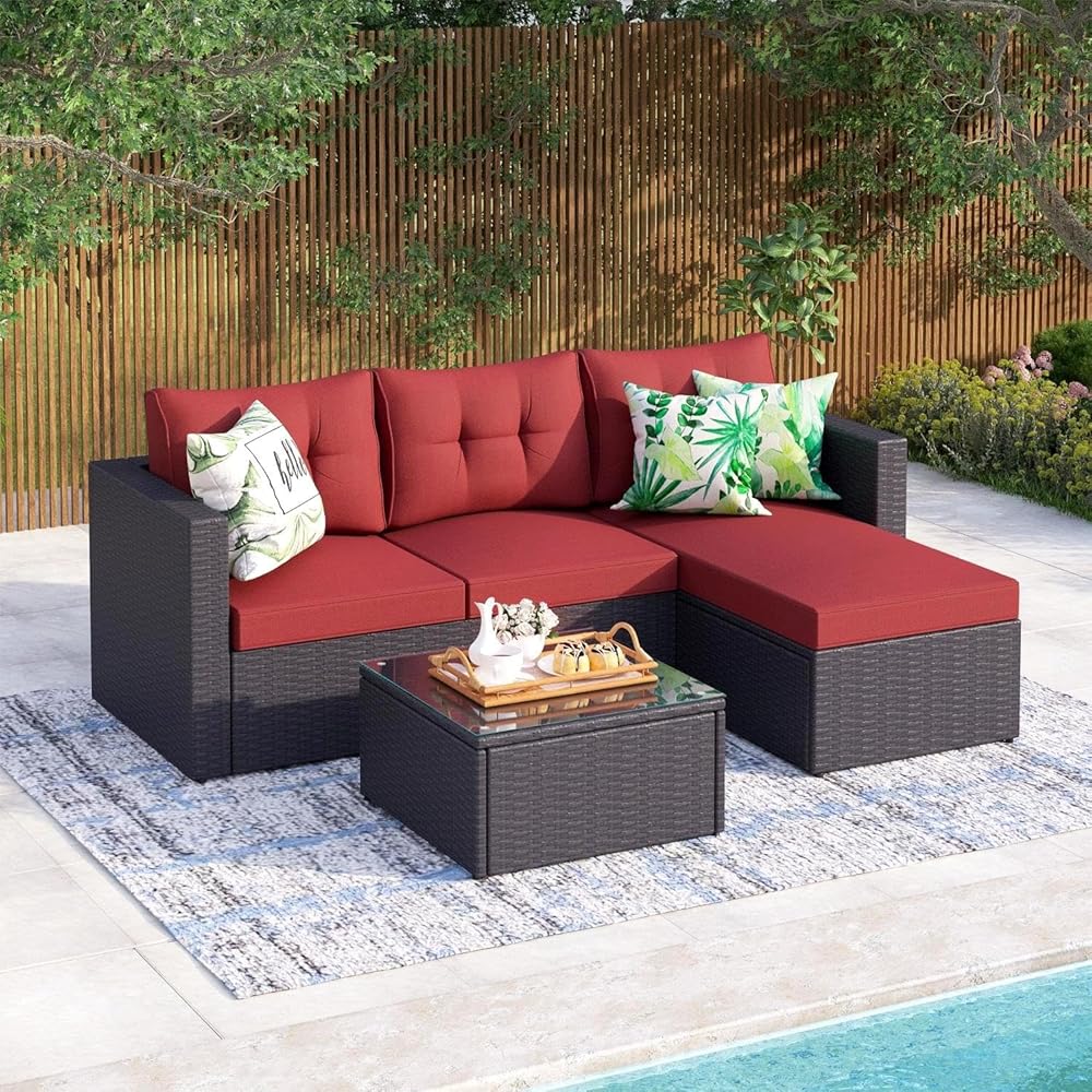 MFSTUDIO Outdoor Patio Furniture Sets,All-Weather Outdoor Sectional Sofa Set,Small Rattan Patio Conversation Set with Cushion&Coffee Table(Red)