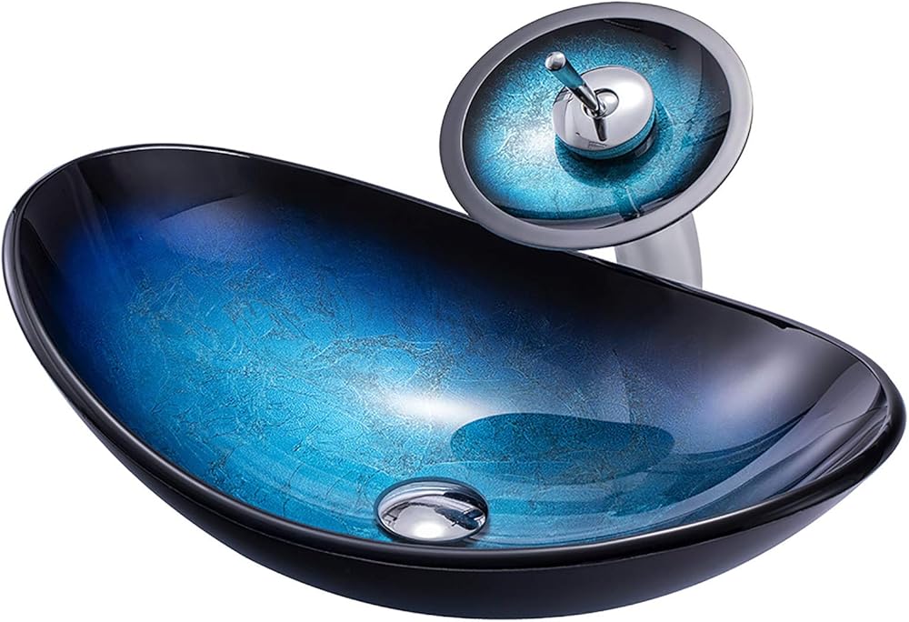 Bathroom Vessel Sink Tempered Glass Vessel Sink Artistic Vessel Sink Oval Bowl Vanity Counter Top Installation Bathroom Vanity Sinks with Chrome Pop up Drain, Waterfall Tap,Blue