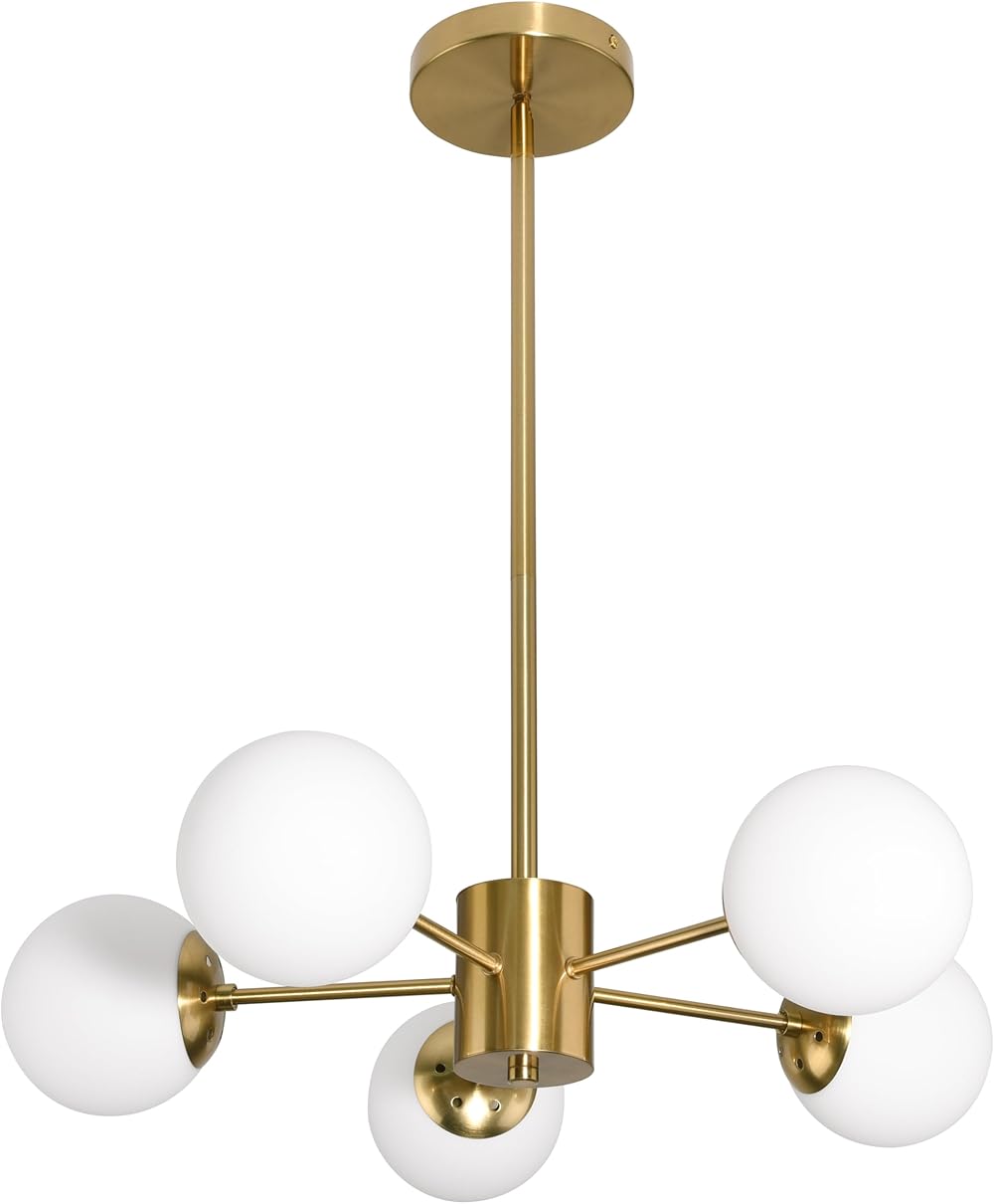 5-Light Globe Sputnik Chandelier Mid Century Sputnik Chandeliers Modern Gold Globe Pendant Light Brushed Brass Finished with White Frosted Globe Glass Lampshade for Dining Room Bedroom Kitchen