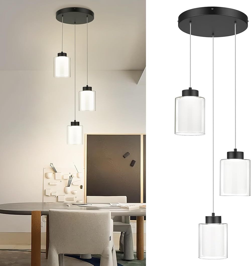 kudos Black Pendant Light Fixtures, 3-Light Led Pendant Lights with Dual Glass Shade, Modern Cluster Hanging Lights for Kitchen Island, Bedroom, Dining Room, 3CCT Adjustable KDPL04-BK-3L