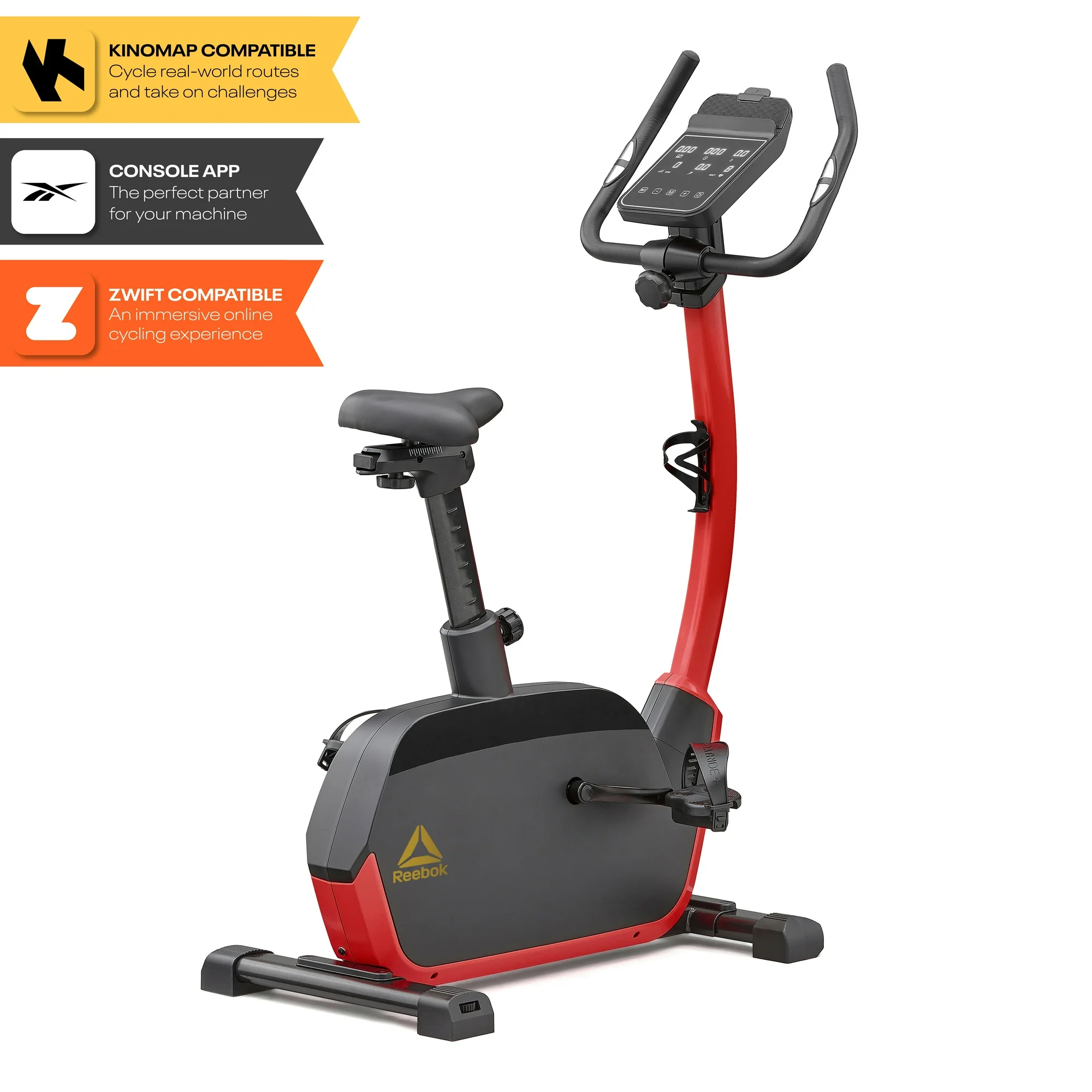 Reebok FR30 Exercise Bike, Red, Indoor Upright Stationary Cycling, Cardio Exercise, bluetooth, 32 electronic resistance levels