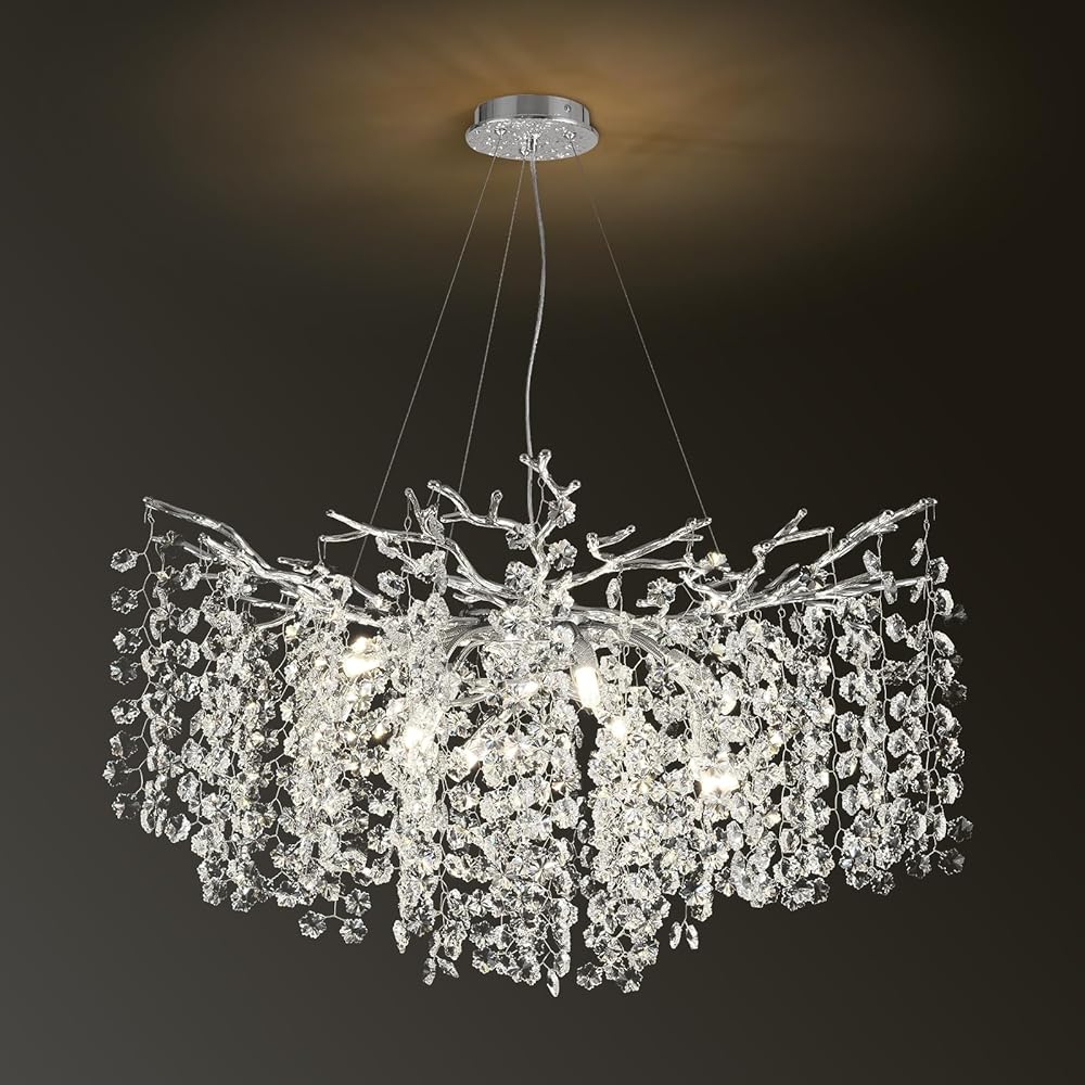 Tree Branch Crystal Chandelier, Modern Round Silver Chandeliers for Dining Living Room Bedroom Closet Bathroom, Snowflake Light Fixture for Foyer Corridor D30in