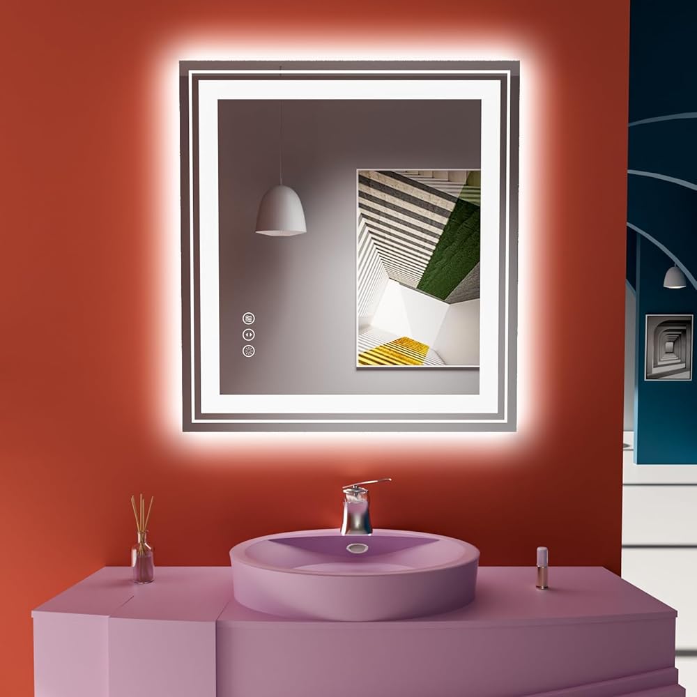 38X38 LED Bathroom Mirror with Lights, Front and Backlit Mirror Bathroom, Stepless Dimmable, Anti-Fog LED Mirror, Lighted Bathroom Vanity Mirror with 3 Colors, Shatter-Proof