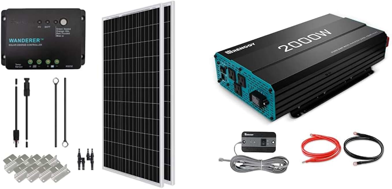 Renogy 200 Watt 12 Volt Monocrystalline Solar Panel Starter Kit & 2000W Pure Sine Wave Inverter 12V DC to 120V AC Converter for Home, RV, Truck, Off-Grid Solar Power Inverter 12V to 110V