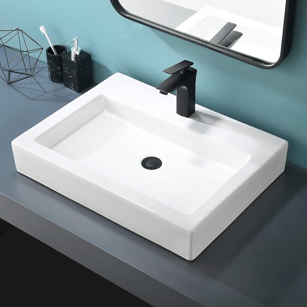 Vessel Sink, Bathroom Vessel Sink Rectangular White, 24 x18 Inch Above Counter Porcelain Ceramic Vessel Sink, Rectangle Vanity Lavatory Bath Countertop Bathroom Sink Bowl Basin with Faucet Hole