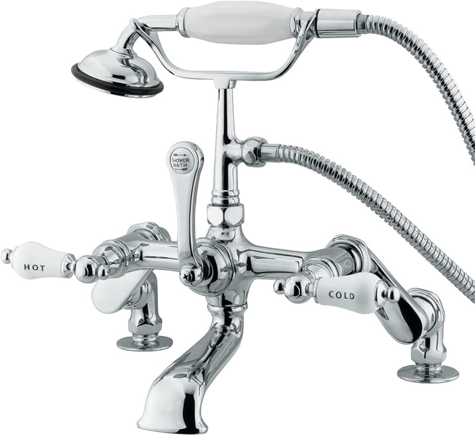 Kingston Brass CC654T1 Vintage 4-to-13-Inch Adjustable Center Deck Mount Leg Tub Filler with Hand Shower, Porcelain Lever Handle, Polished Chrome