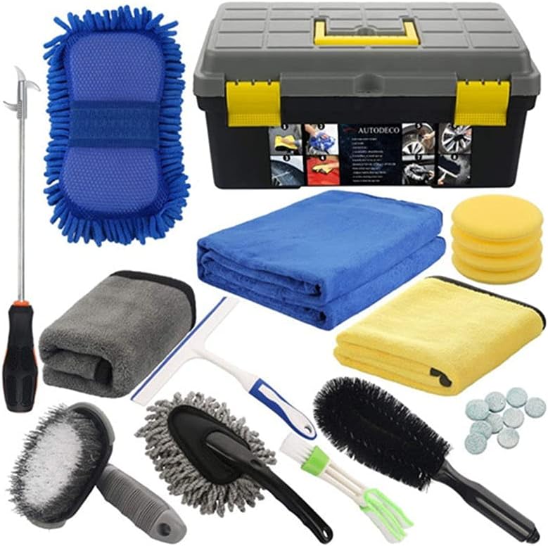 Microfibre Car Wash Cleaning Tools Set Gloves Towels Applicator Pads Sponge Car Care Kit Wheel Brush Cleaning Tools Kit with Storage Box Black Grey Yellow Handle