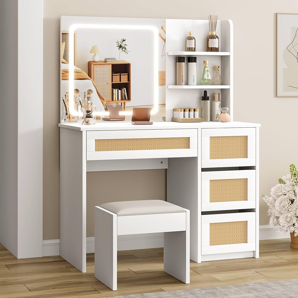 GAOMON Vanity Desk, Makeup Vanity with Mirror and LED Light, Large Storage Space with 2 Drawers and Storage Cabinet, Vanity Table Set with Comfortable Stool for Bedroom in Rattan White