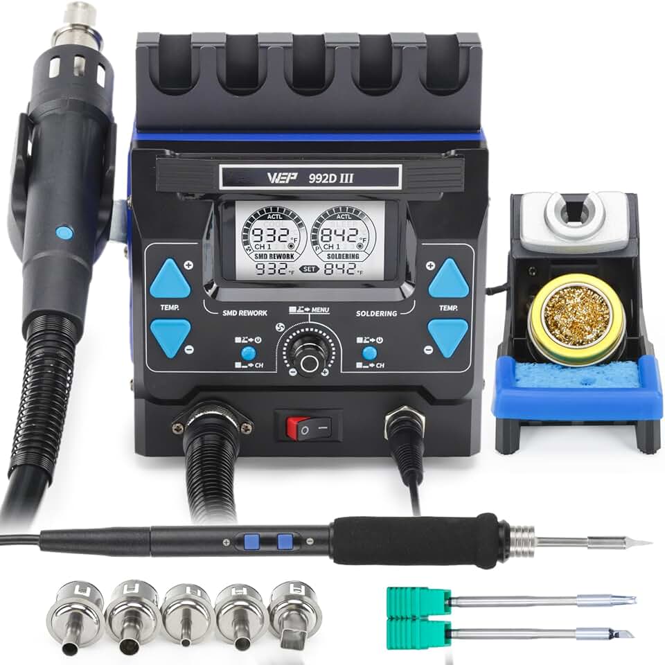 WEP 992D-III 2-in-1 Soldering Station and Hot Air Rework Station - High-Power Soldering Iron Kit with C245-compatible Cartridge, 1000W Hot Air BGA Rework Station for SMD, IC Repair