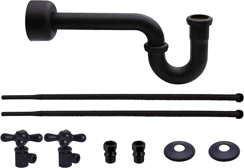 Westbrass D1738L-62 Victorian Style Pedestal Sink Kit with Supply Lines, P-Trap, Flanges and Cross Handle Angle Stops, Matte Black