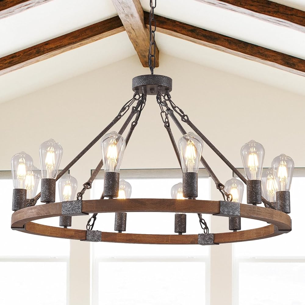 12-Light Wood Wagon Wheel Chandelier Brown Rustic Hanging Ceiling Lighting Chandeliers Industrial for Living Dining Room Bedroom Hallway Entryway Foyer High Ceiling Restaurant, E26