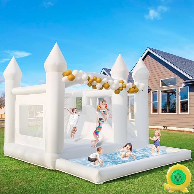 White Bounce House for Big Kids 8-12 with Slide Ball Pit Blower Oxford Cloth Inflatable White Bounce House 15FTx 14FT Kids Birthday Party, Robust and Easy to Install with Repair Kit