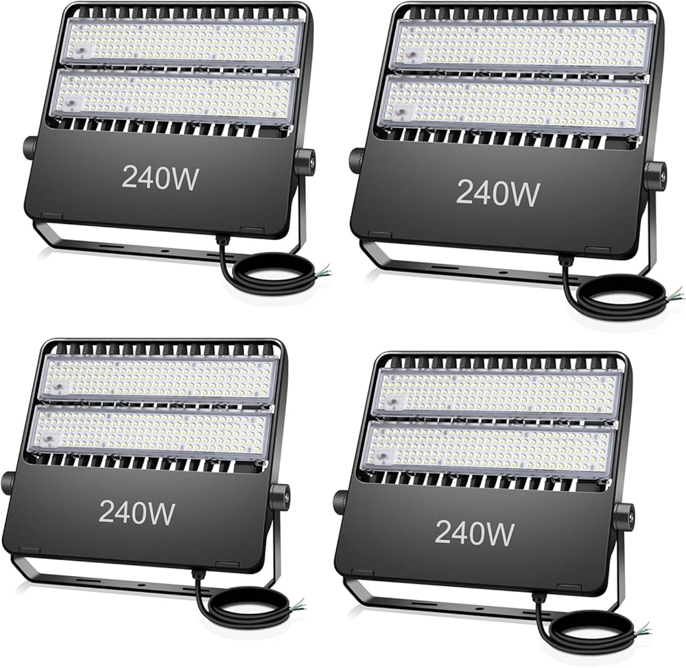 4 Pack 36000LM LED Flood Light Commercial 1500W Equivalent Arena Lighting Wall Mount Stadium Floodlights and 1500W Equivalent LED Stadium Flood Lights Outdoor 240W 36000LM Super Bright