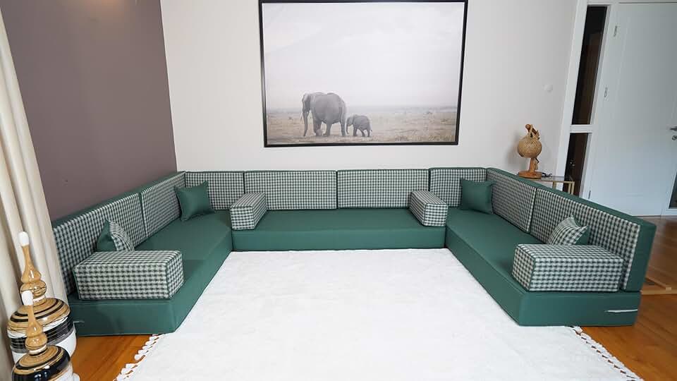 Arabic Floor Cushion, Majlis Sofa, Bench Cushion, Moroccan Sofa Set, Turkish Floor Sofa, Floor Seating, Sofa Set Living Room, Diwan Sofa (8'' Thickness Sofa, U Sofa Only, Green)